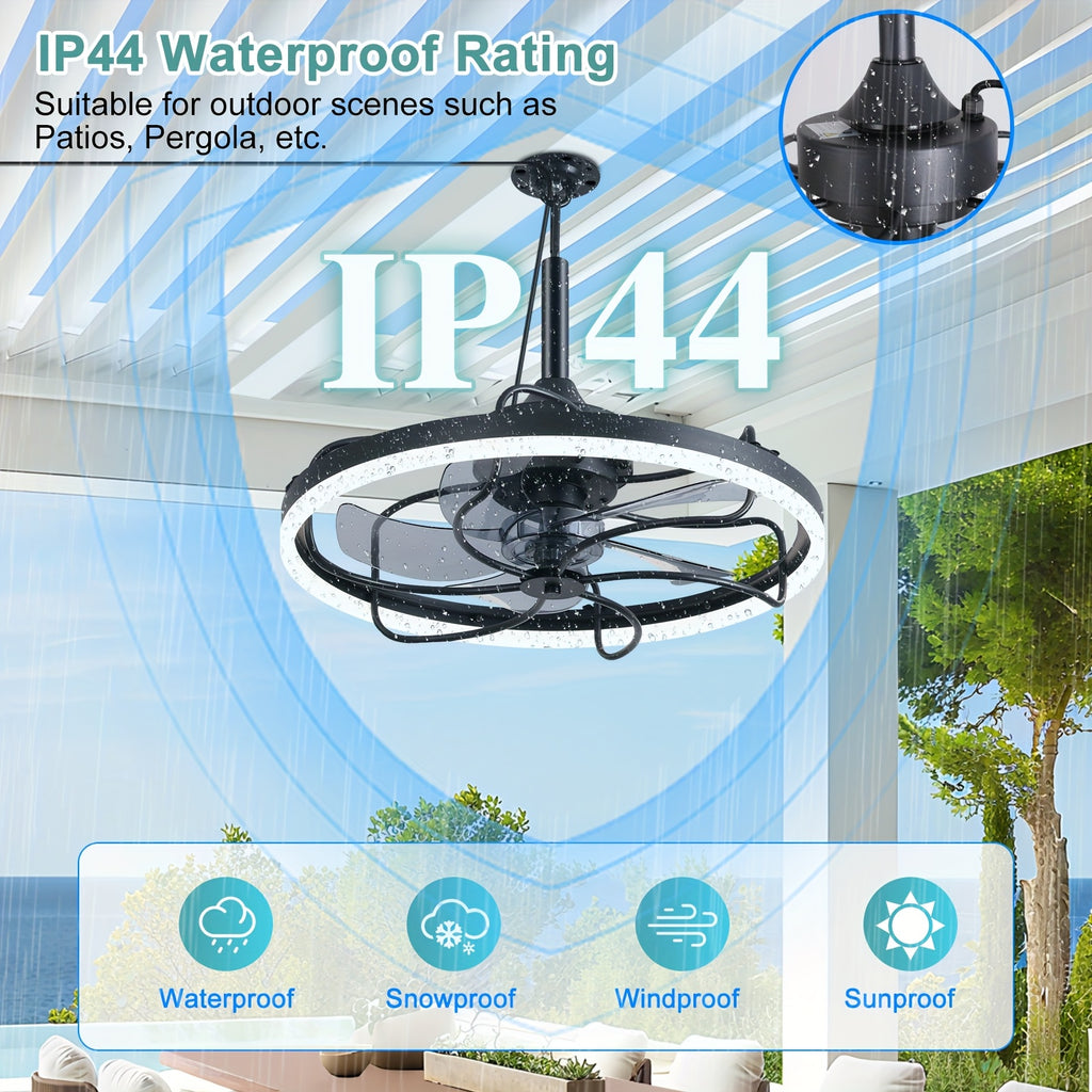 20 Inch Outdoor Ceiling Fan with Light, Waterproof Gazebo Fan with Lighting, Hanging Outdoor Fan with Remote & Protective Cover, 6 Speed Adjustable Black Fan for Patio, Pergola, Porch, Canopy