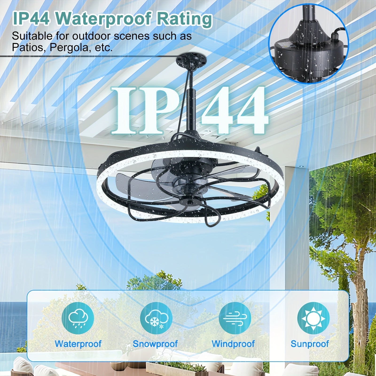 20 Inch Outdoor Ceiling Fan with Light, Waterproof Gazebo Fan with Lighting, Hanging Outdoor Fan with Remote & Protective Cover, 6 Speed Adjustable Black Fan for Patio, Pergola, Porch, Canopy