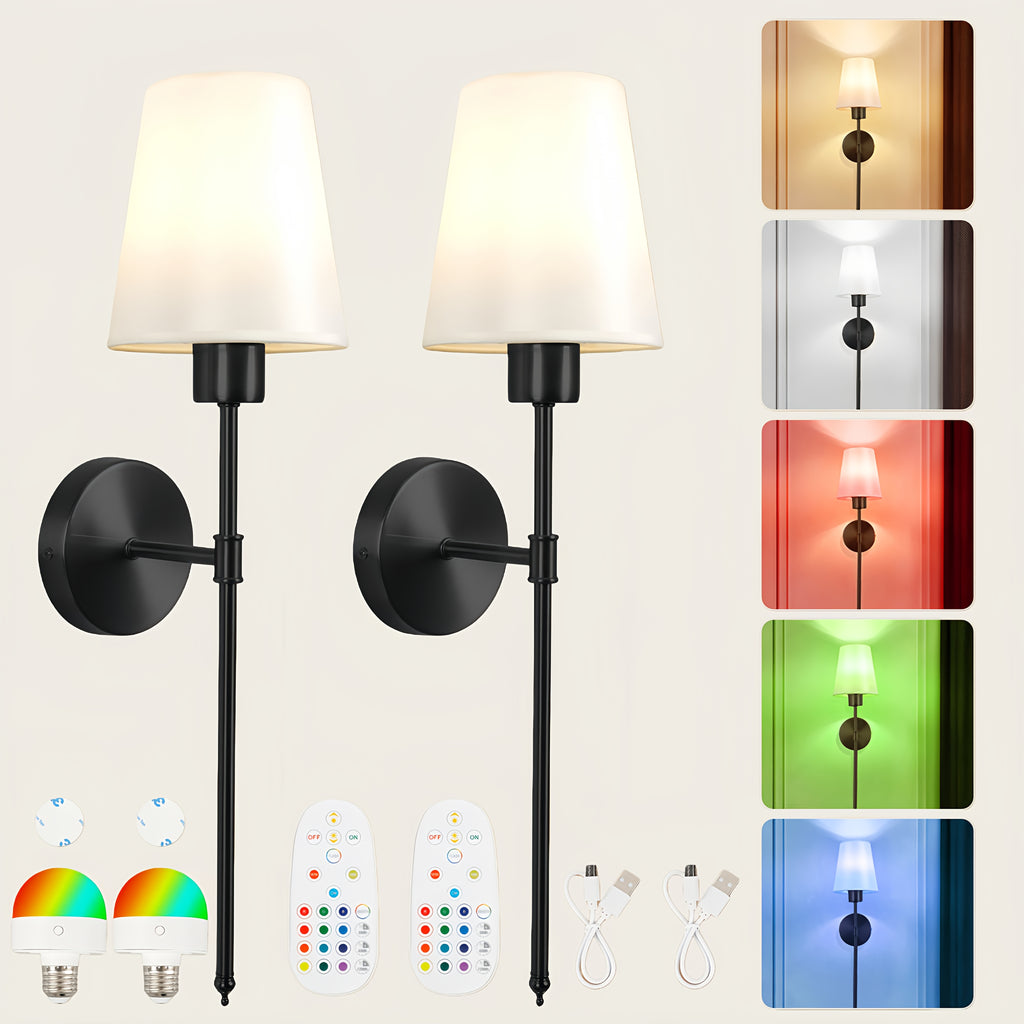 2 Sets Battery Operated Wall Light, 2-Piece Black Rechargeable Wall Light with Removable Remote Bulb, Supports RGB Colors and 3 Color Temperatures, Dimmable Wireless Wall Light for Bedroom