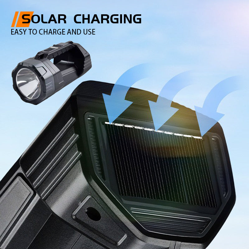 1pc MACROCOSM Solar/USB Rechargeable Spotlight, Battery Level Indicator & USB Output Port, LED Flashlight, 6 Modes Portable Torch with Side Light, Ideal for Camping, Emergency, Outdoor - Handheld Searchlight