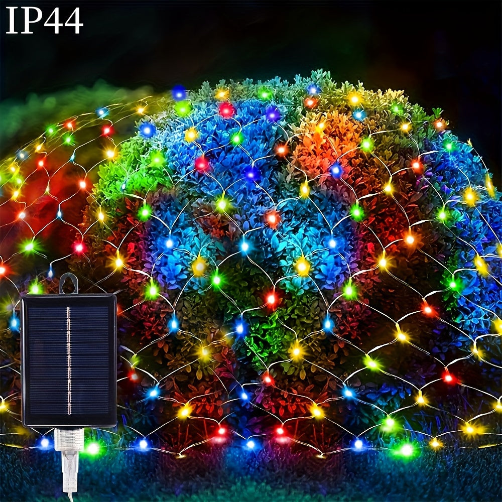 1包太阳能网灯-192 LED，9.8英尺x 6.6英尺8模式LED闪光网灯，适用于室外/室内使用-非常适合树木、景观、花园、屋顶、阳台、墙壁装饰-非常适合婚礼、生日、圣诞节、万圣节、派对 IP44