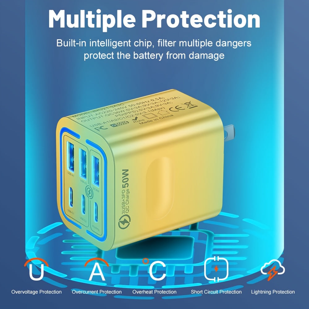 50W Type-C Fast Charging Mobile Phone Charger with C-C Cable | 6-Port PD USB C + QC 3.0 Multi-Port Wall-Mounted Multi-Device Fast Charging Plug, Portable and Compact, Compatible with for iphone 17/16/15/14/13/12 Pro Max, iPad, Galaxy, Xiaomi