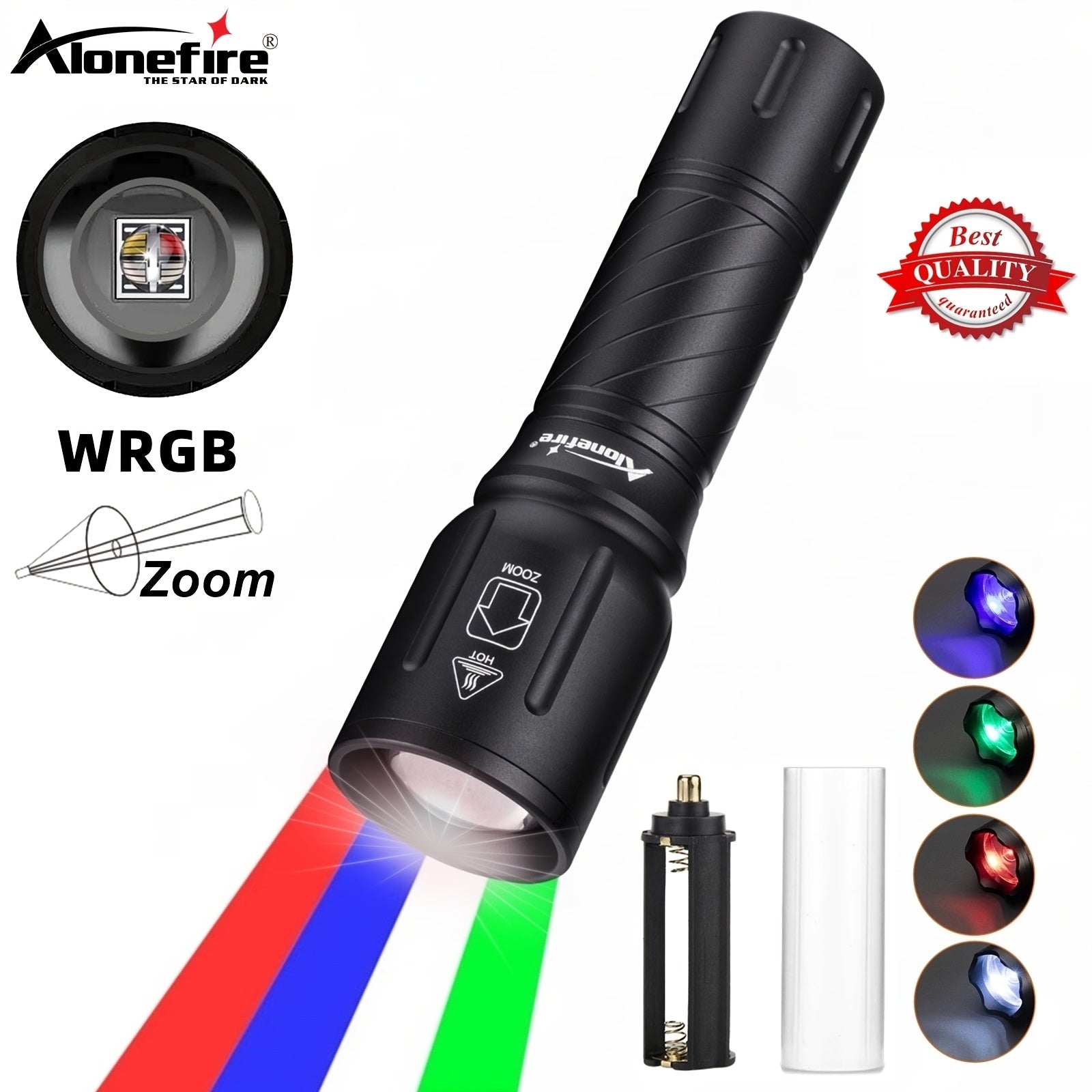 Alonefire X97 4-in-1 RGB LED Multi-Color Flashlight White/Blue/Green/Red Light Zoom Flashlight High Power Outdoor Hunting Photography Selfie Fill Light Portable Fishing Hiking Camping Light