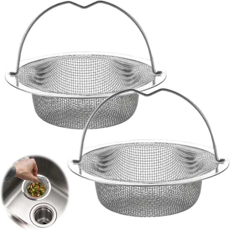High-Quality Durable Stainless Steel Woven Mesh Sink Strainer Set (2-Pack) – Sturdy Metal Filter Basket with Handle, Designed to Capture Hair & Food Debris in the Kitchen and Bathroom