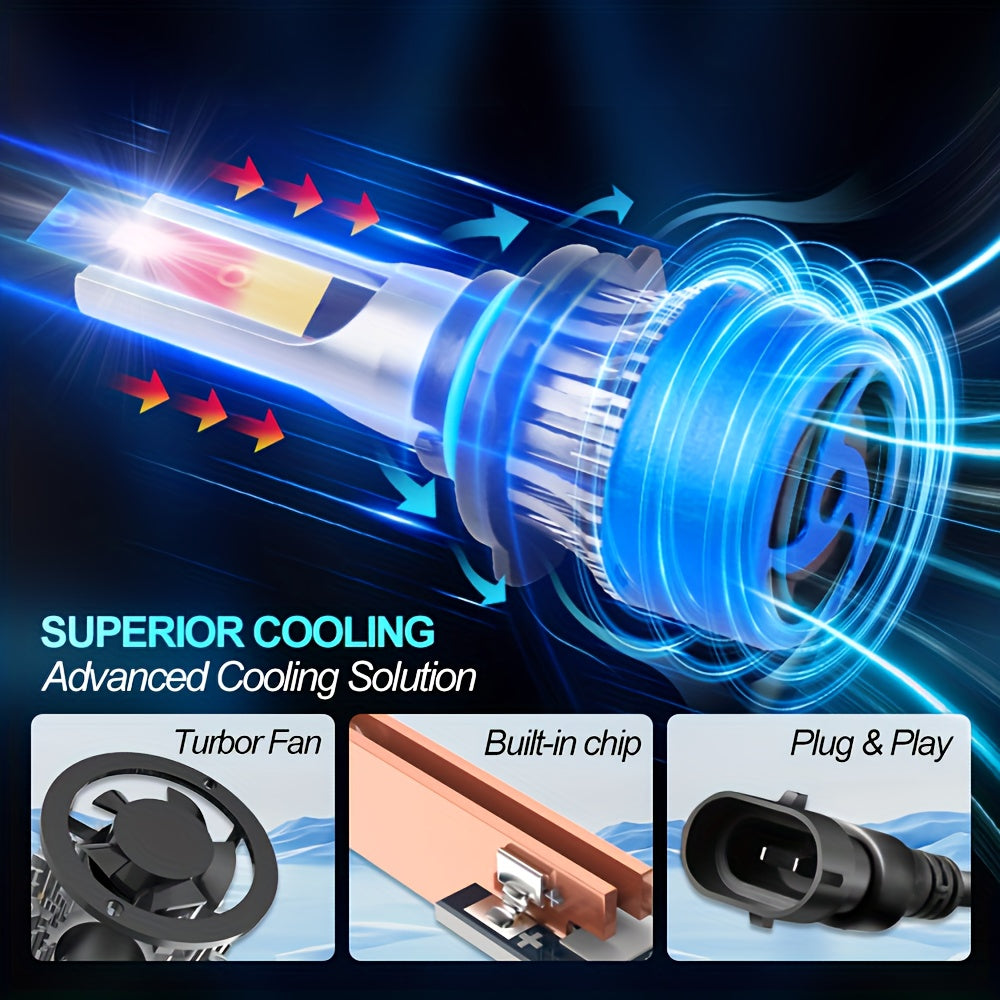2Pcs H1 H7 H11 9005 9006 9012 H4 H13 9007 9004 LED Car Headlights, Brightness 3570 CSP Chip 6000K White Light 60000 Lumens 200W High/Low Beam Fog Light Fast Heat Dissipation
