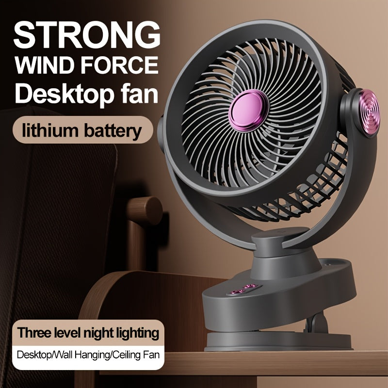 Brushless Motor Clip Fan, Rechargeable 2-in-1 Fan with Lighting & Oscillating Function, Quiet Circulating Desktop Fan with Night Light for Office Dorm Bedroom
