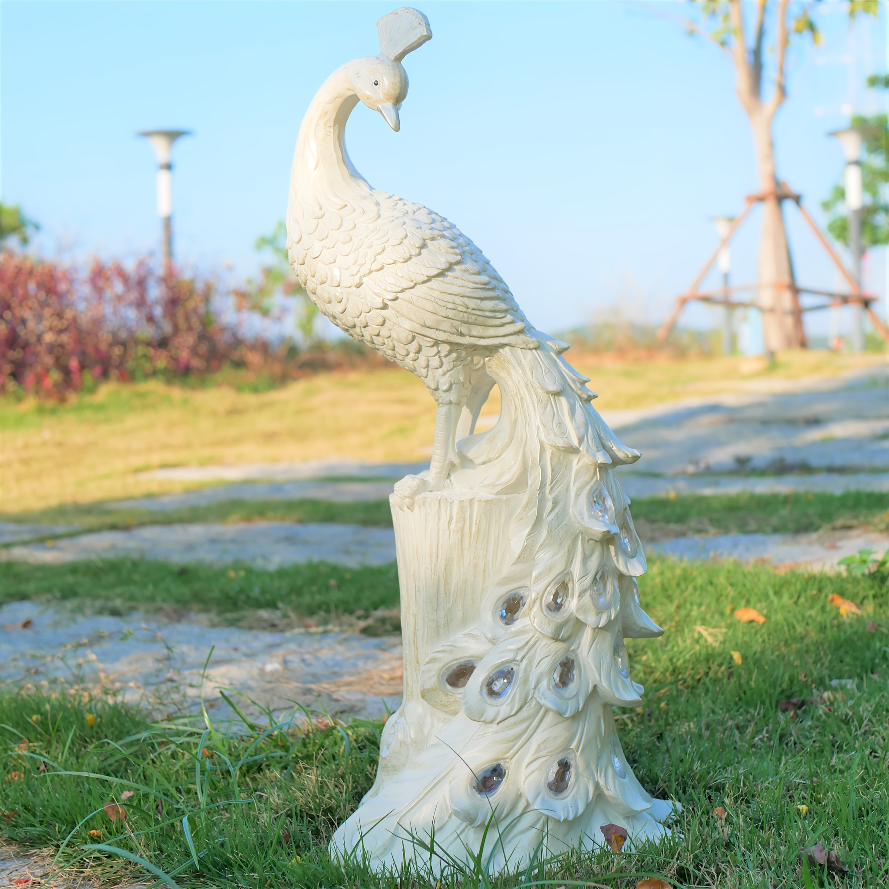 1pc Resin Craft Colorful Solar Light, White Peacock, 7-Color Slow Flashing Light Effect, Suitable for Garden, Courtyard, Lawn, Pond, Balcony, Porch, Christmas New Year Decoration, Gift for Friends
