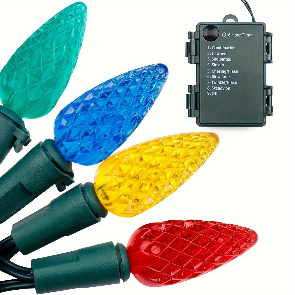 C6 灯泡圣诞灯带计时器 - 50 LED 16.4 英尺草莓电池串灯，用于室外室内 - 迷你照明装饰庭院花环花环派对圣诞树圣诞装饰品