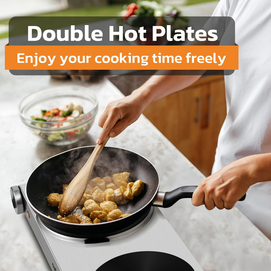 CUSIMAX Electric Hot Plate, Portable Double Burner Electric Stove, 1800W Cast Iron Double Cooktop, Compatible with All Types of Cookware, Stainless Steel