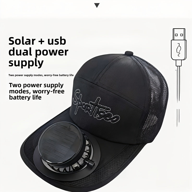 Solar Fan Baseball Cap, Hiking & Camping Hat, Adjustable Head Circumference for All Sizes, Solar + USB Multi-Charging Fan, New Design with Light Sensor Start, No Noise for More Comfort, 650mAh Large Capacity Lithium Battery for Longer Use