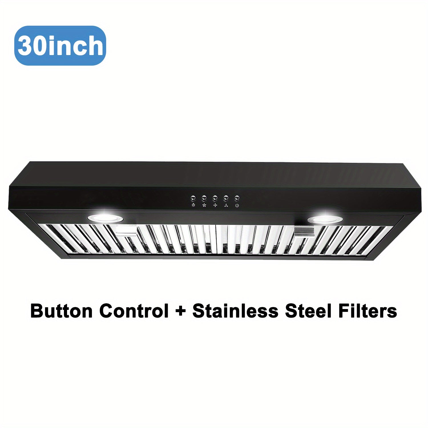 30-Inch Under-Cabinet Range Hood, 600 CFM Stainless Steel Kitchen Exhaust Fan, 3-Way Exhaust System, 2 LED Lights, Button/Touch Control