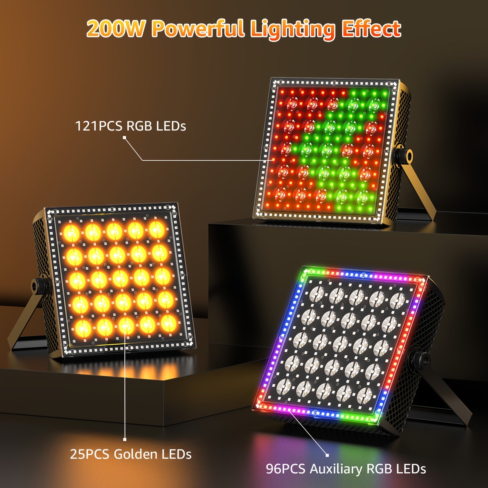 This 200W Gold LED Wall Washer Light is equipped with three automatic sound-activated modes and supports flexible DMX512 (15-channel) control, as well as automatic master/slave function. Perfect for stages, bars, and restaurants.