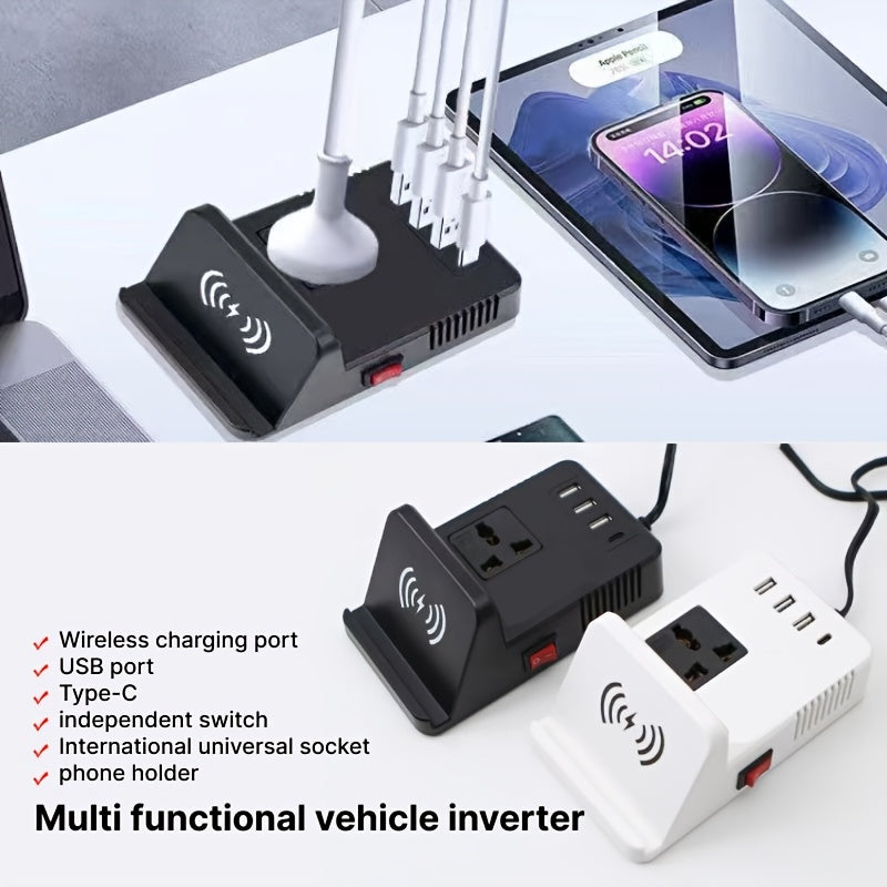 这款车载逆变器具有无线充电端口、Type-C USB接口、通用国际插座、独立开关，并且也可以用作手机支架，非常适合在不同场所使用，无需电池。
