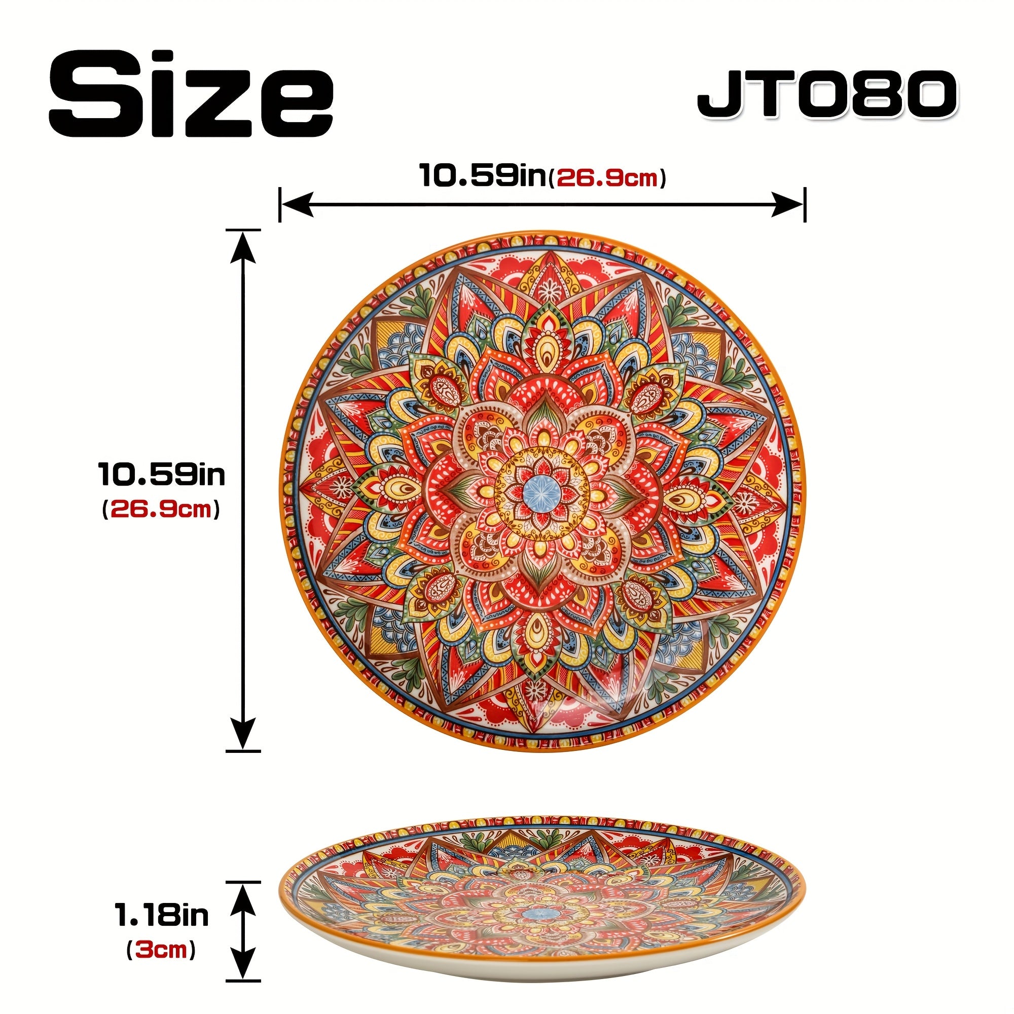 10.5-Inch Ceramic Plates, Home & Restaurant Ceramic Dinnerware – Perfect for Steak, Pasta, Fruit, Bread – Bohemian Style Ceramic Dinnerware Set – Microwave & Oven Safe