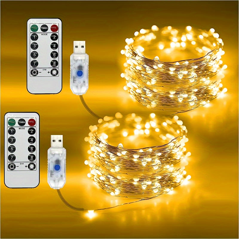 USB灯串 | 66FT 200LED, 33Ft 100 LED, 16.4FT 50LED 变色银丝灯，带8种照明模式遥控器，适用于工艺品卧室天花板圣诞装饰，彩色铜丝灯，USB供电，包含纽扣电池