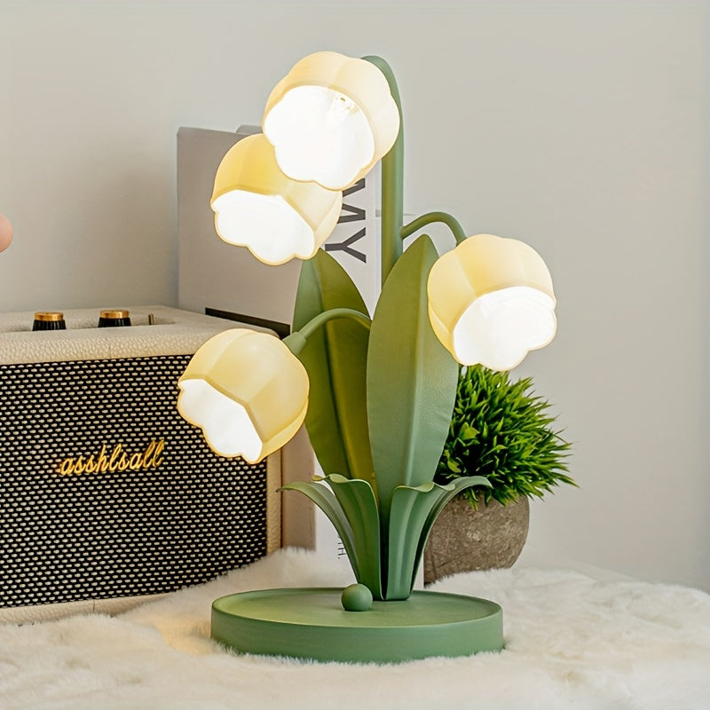 Pink warm table lamp, gold light luxury table lamp, five lily of the valley flowers table lamp, creative acrylic flower shape, home decoration desk lamp, floral theme ambiance light, themed homestay hotel decorative lamp