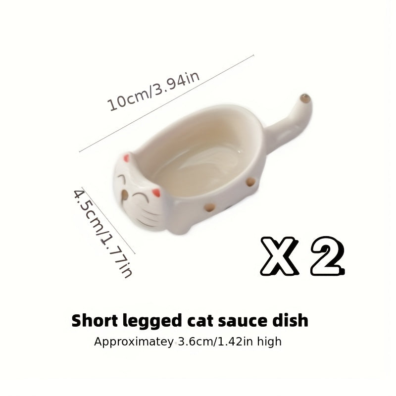 2Pcs/1Set Cat Ceramic Sauce Dish, Ins Japanese Style Cute Cat Multi-Functional Seasoning Tray 10*4.5cm/3.94*1.77in, Chopstick Rest, Small Plate for Snacks, Sushi, Soy Sauce Dip 13.5*4.5cm/5.31*1.77in