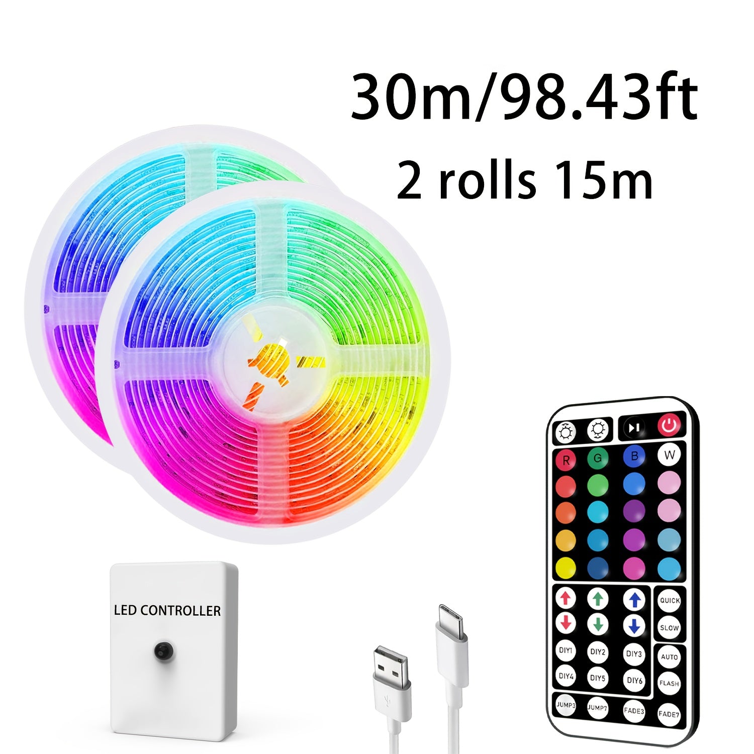 Type-C接口灯带，长度可选3.28到98.43英尺，具有动态灯光和LED灯，配备44键遥控器和信号接收器，可更改模式，适用于天花板、卧室、酒吧、复活节庆祝活动