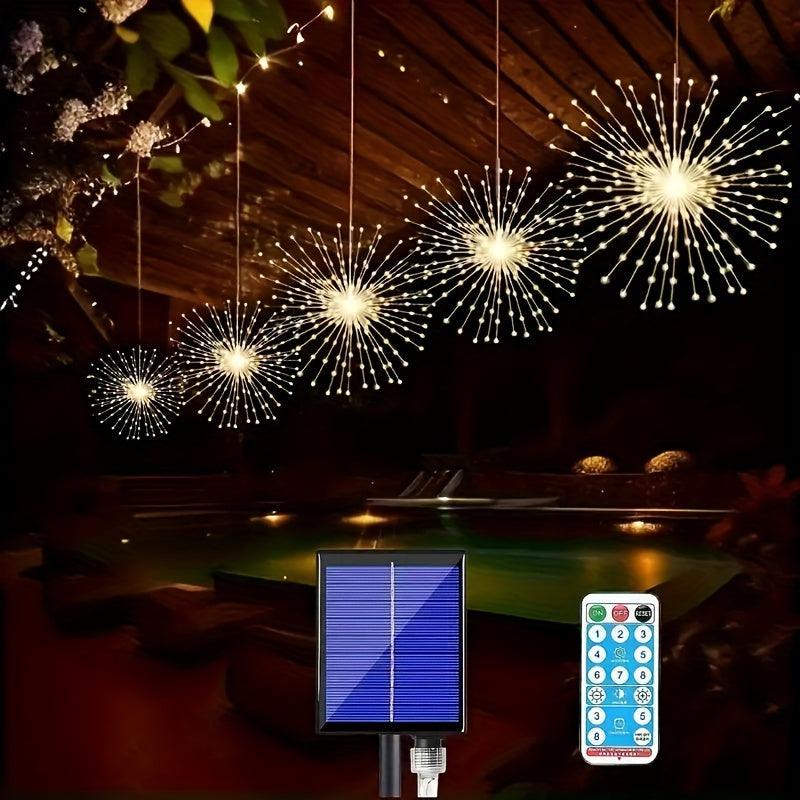 4 件装悬挂式太阳能烟花灯420LED 星爆灯带遥控器的 8 模式，仙女灯，仙女灯带遥控吊灯适用于圣诞派对婚礼花园装饰【暖光/白光】