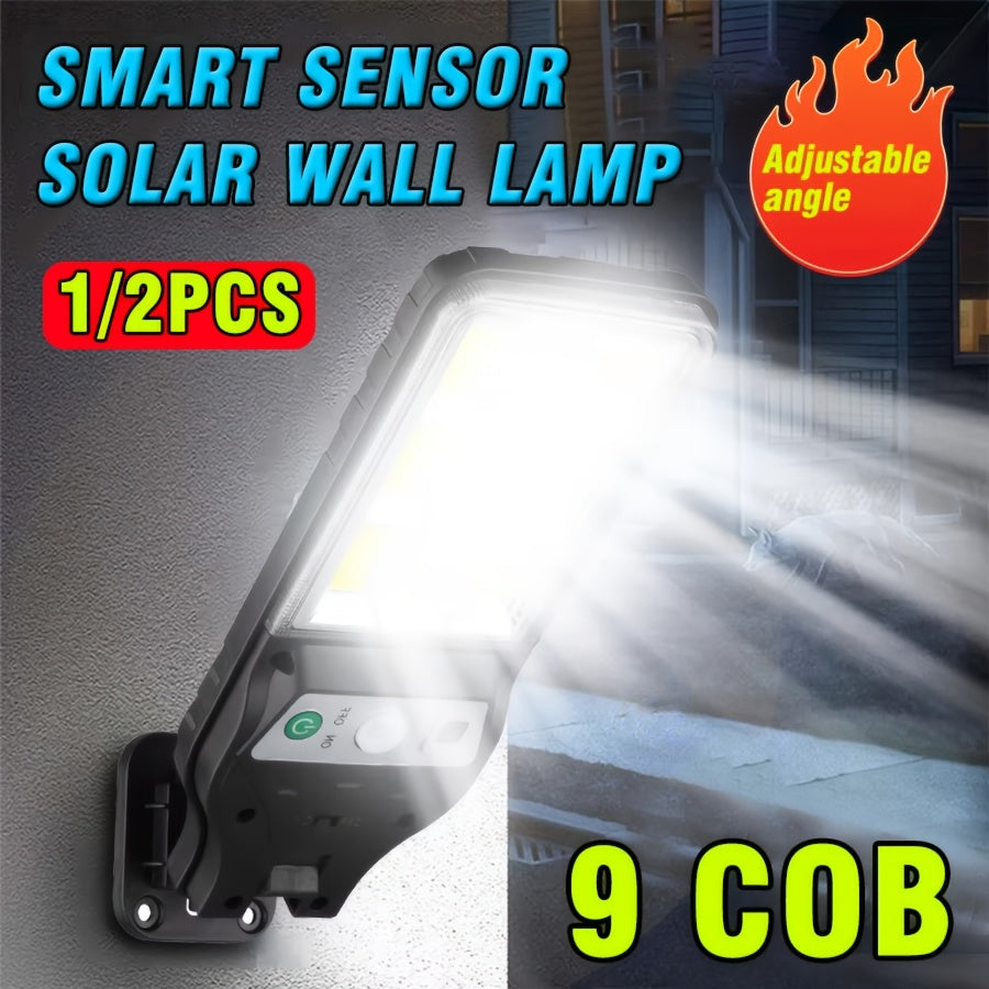 1/2 Pack COB Solar Exterior Wall Light, Smart Motion Sensor Switch, 3 Lighting Modes, Solar Charging Outdoor Street Light, Perfect for Outdoor Garden Lighting, Garden, Patio, Street Light, Porch Light, Home Lighting