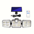 Solar Security Light with Motion Sensor - 3-Head 122 IP54 LED Dimmable, Semi-Flush Mount Plastic Wall Light, Remote Control, Solar Battery 2400mAh Lithium-Ion Battery, Non-Detachable Solar Panel - Light Source Included