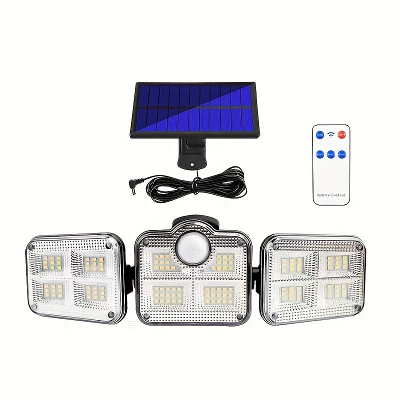 Solar Security Light with Motion Sensor - 3-Head 122 IP54 LED Dimmable, Semi-Flush Mount Plastic Wall Light, Remote Control, Solar Battery 2400mAh Lithium-Ion Battery, Non-Detachable Solar Panel - Light Source Included