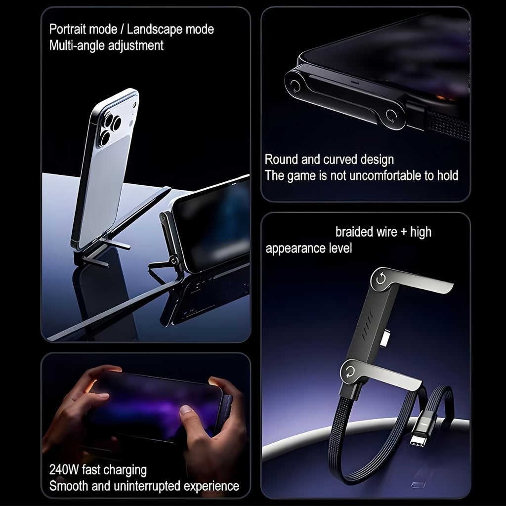 A 2-In-1 240W Fast Charging Foldable Stand Data Cable with Dual Type-C Super Fast Charging And an Integrated Phone Holder, Compatible with The Iphone 15-17 Series