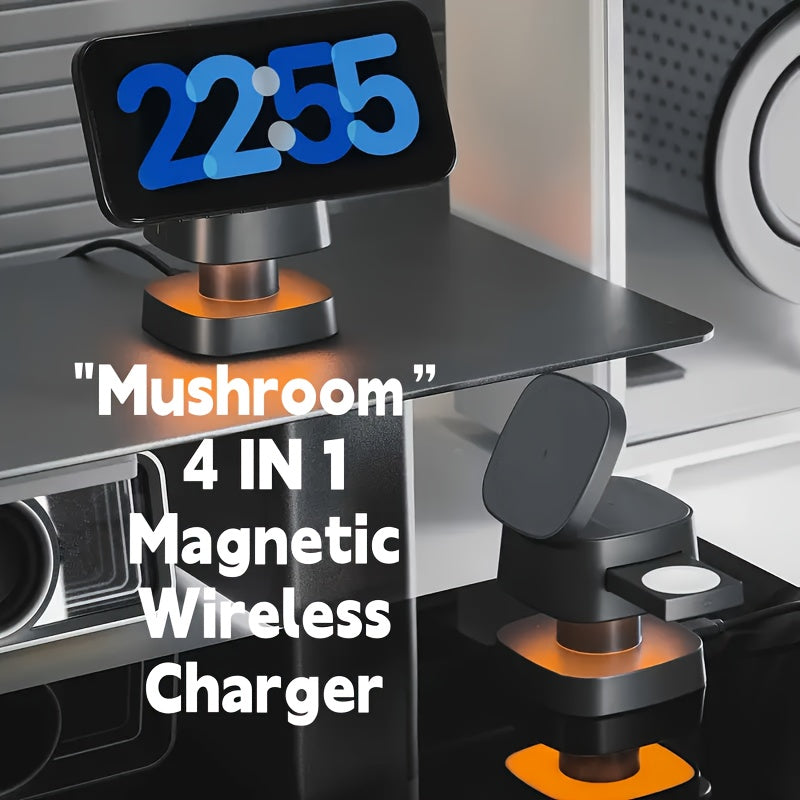 4-in-1 Wireless Charger with Bedside Warm Light | Two Brightness Levels, Night Light, Phone Stand, USB Type-C, Magnetic, Perfect for Home, Office, and Gift