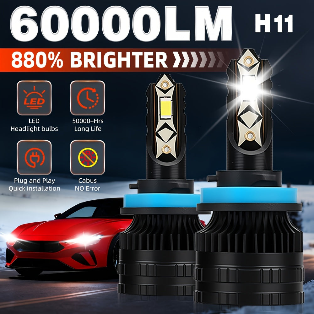 Car LED Headlight Kit (2Pcs), Model H4/HB2/9003, Compatible with 9005, 9006, H1, H4, H7, H11, H8, H9, Brightness 6500K, 12V Voltage, Luminous Power 200W, High Brightness 60000 Lumens, No Battery