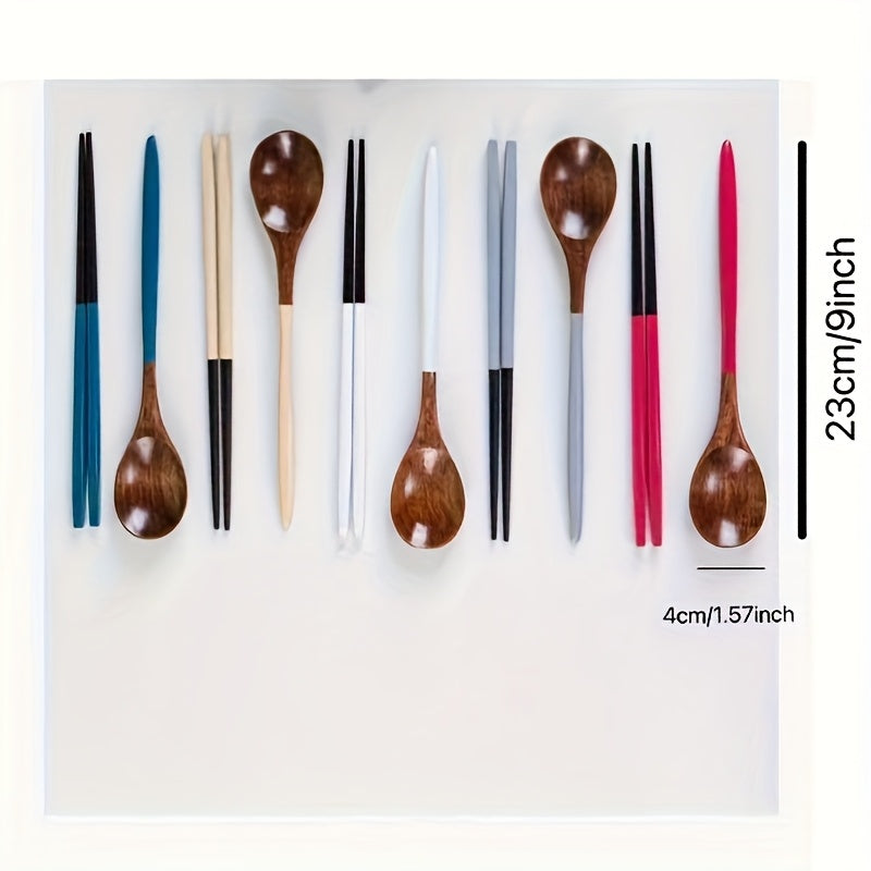 5-Piece Set Japanese Colorful Wooden Spoon & Chopstick Set – Reusable Cutlery Set – Made of Solid Wood