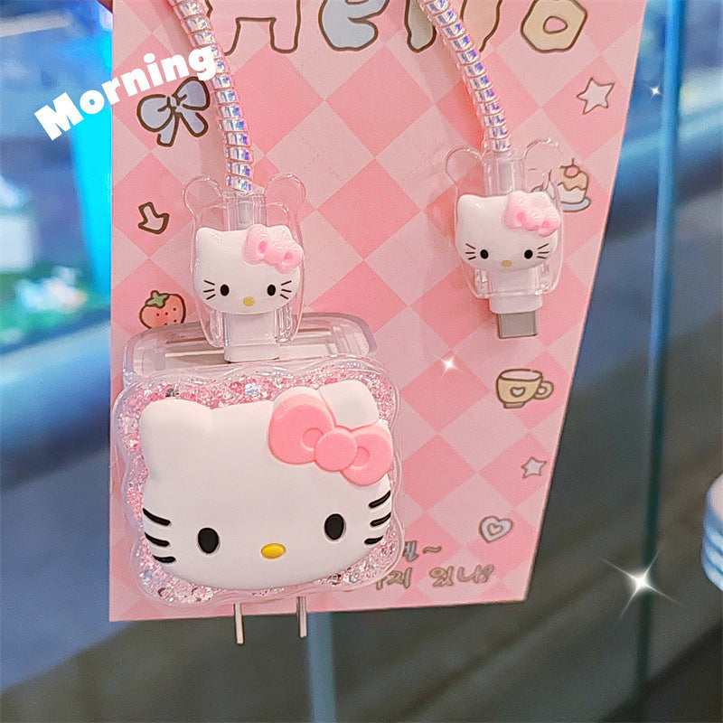Sanrio Collaboration Hello Kitty Glitter Charging Case Set, Includes a 20W USB-C Fast Charger for Apple, Anti-Bend Protective Case, Suitable for Car/Home/Travel, Tangle-Free And Non-Slip Transparent Silicone Cable Organizer, Adorned with a Cute Bow