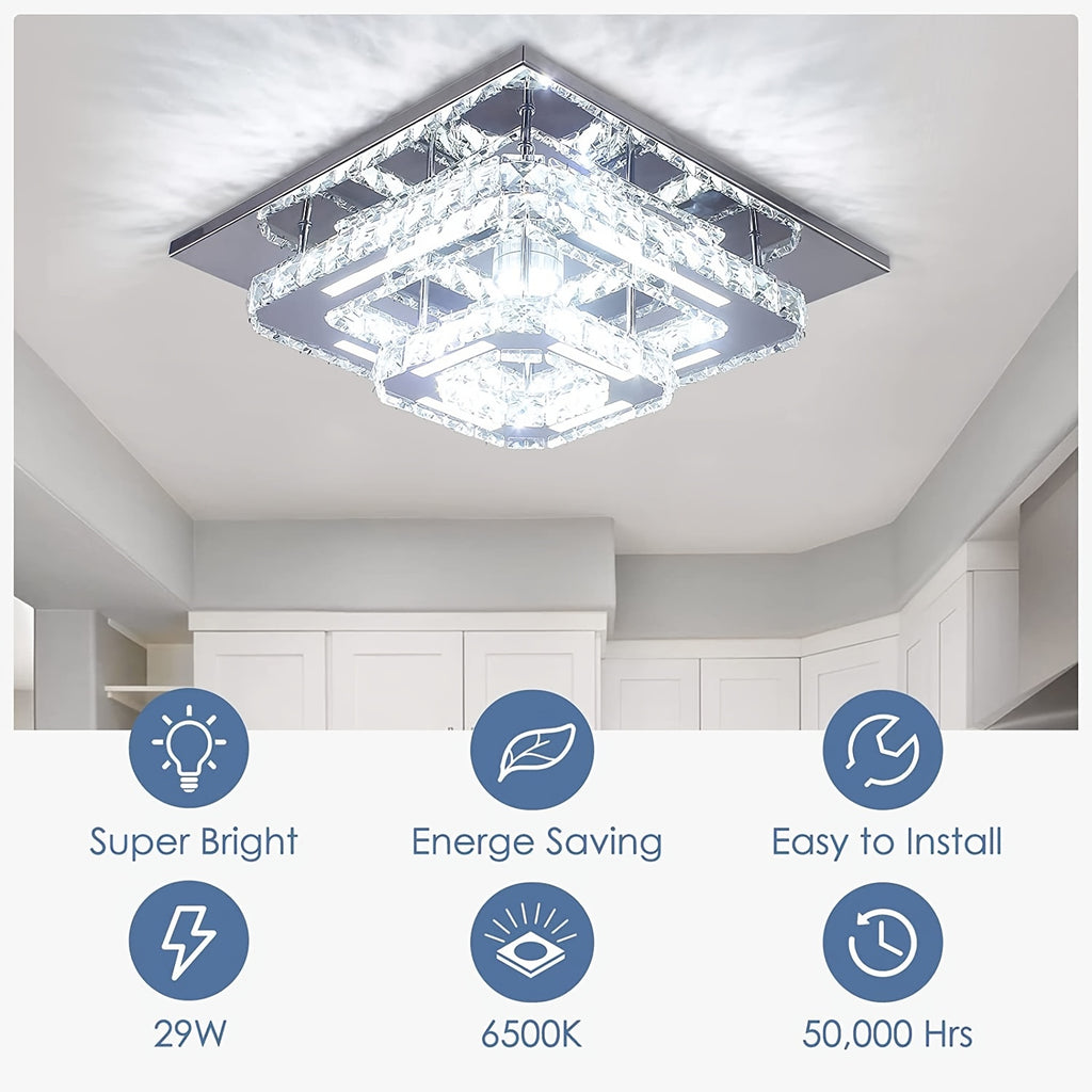 12-Inch Crystal Chandelier Wall Mount Ceiling Light Square Modern LED Pendant Light Kitchen Hallway Bedroom Ceiling Light Cool White Light