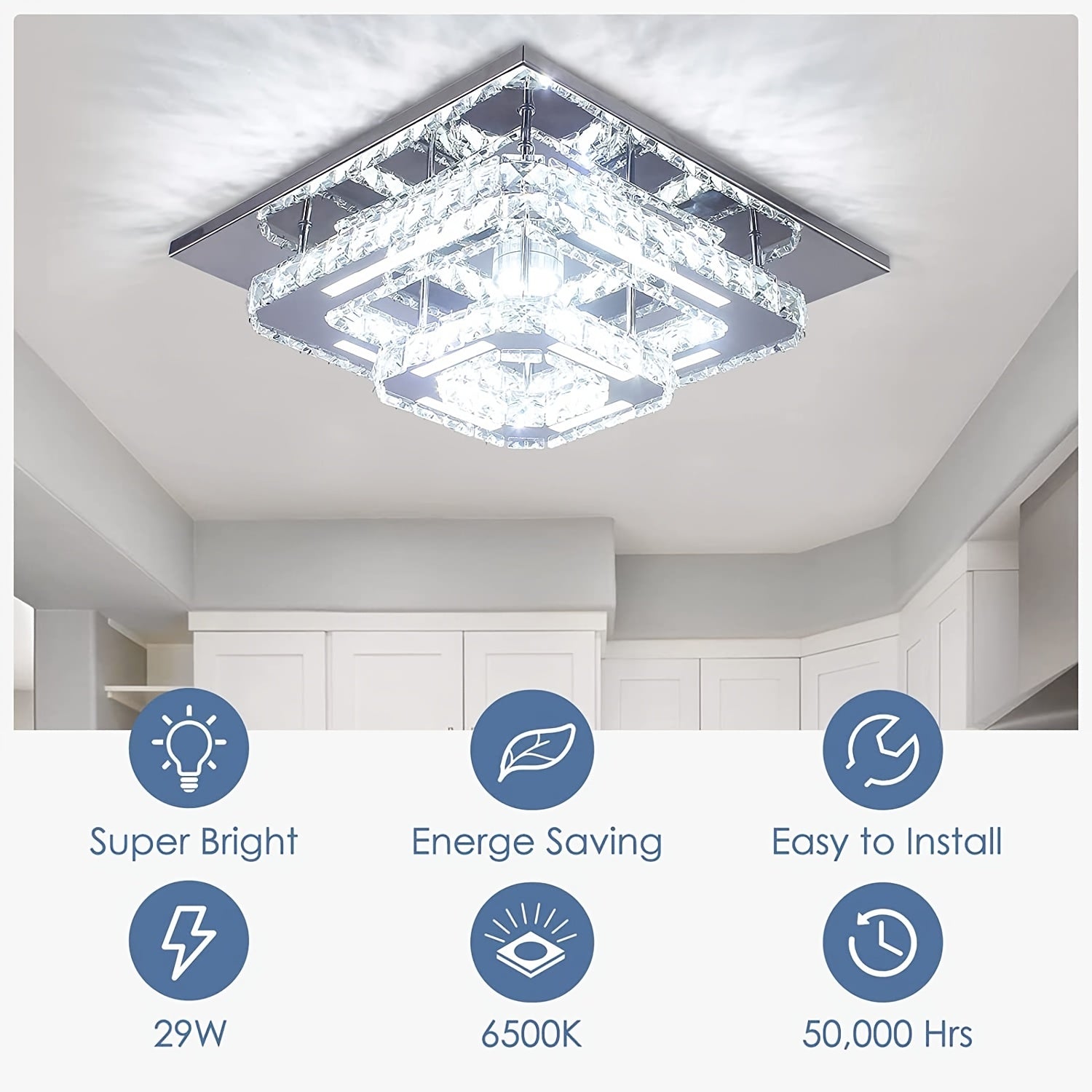 12-Inch Crystal Chandelier Wall Mount Ceiling Light Square Modern LED Pendant Light Kitchen Hallway Bedroom Ceiling Light Cool White Light