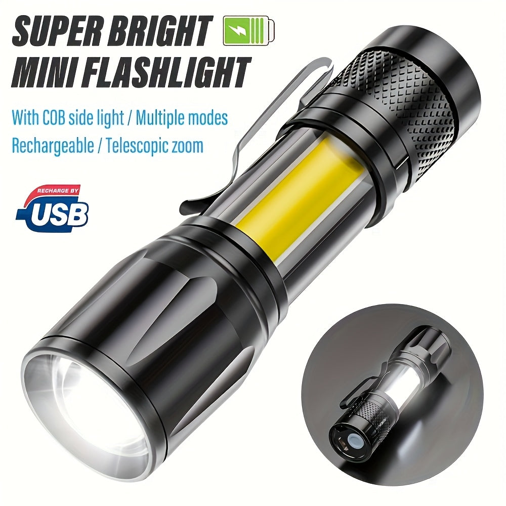 High Bright Mini Handheld Flashlight Rechargeable Camping Light Portable LED Light with High Bright COB Side Light Multiple Lighting Modes Retractable Zoom for Outdoor Camping Fishing