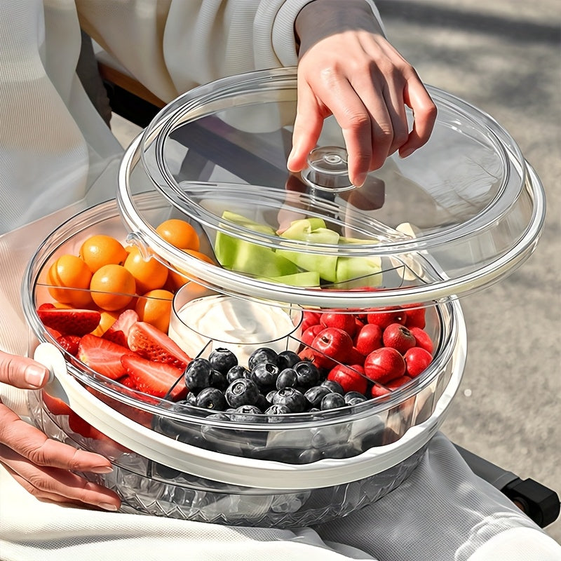 Clear Divided Vegetable Serving Tray with Lid & Dip Section – Rotating Fruit Platter for Parties, Outdoor Picnics, Catering, Takeout & Food Delivery – Ice Cold Handled Basket for Fridge – Perfect for Snacks