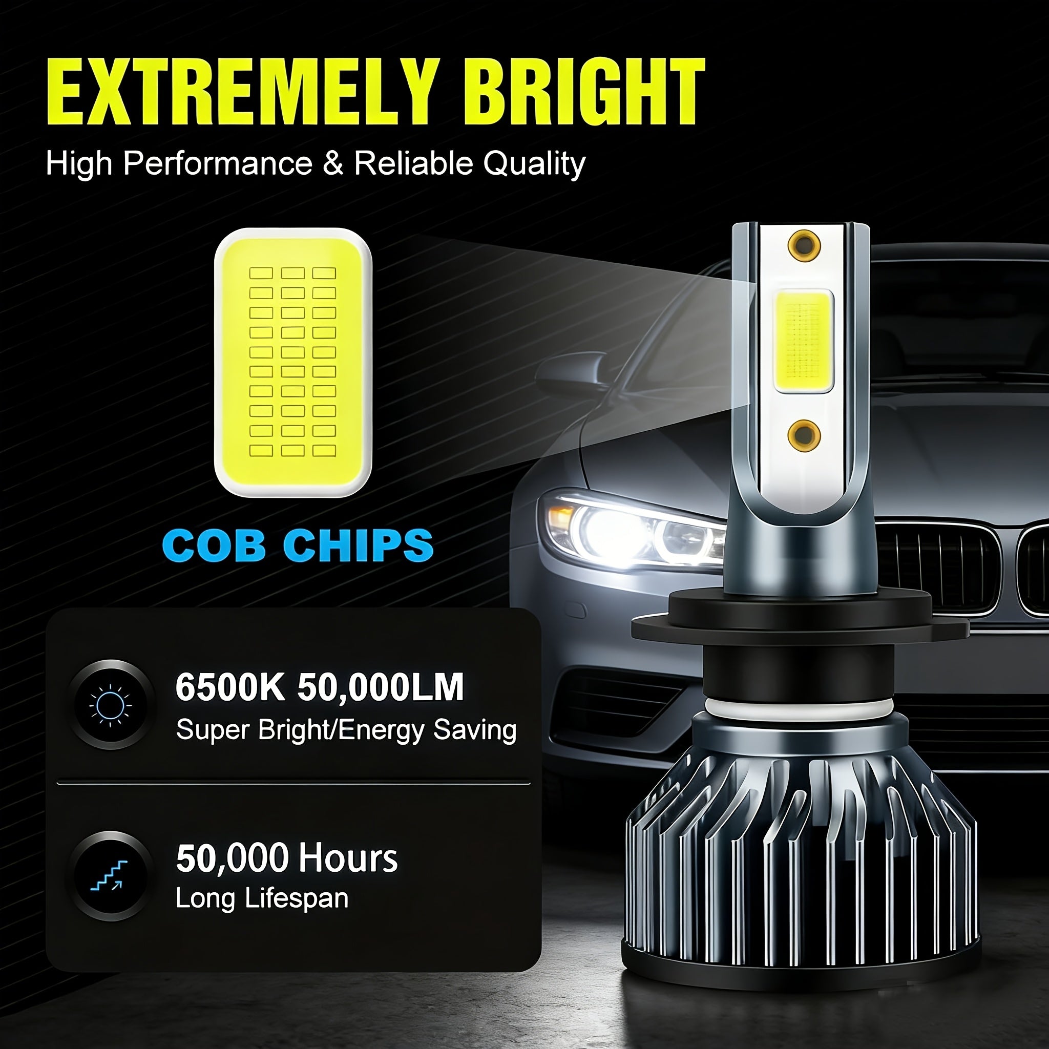 2-Pack 50000 Lumens H4 H7 H11 9005 HB3 9006 HB4 9004 9007 H13 High Power LED Car Bulbs 6500K 12V Car Light