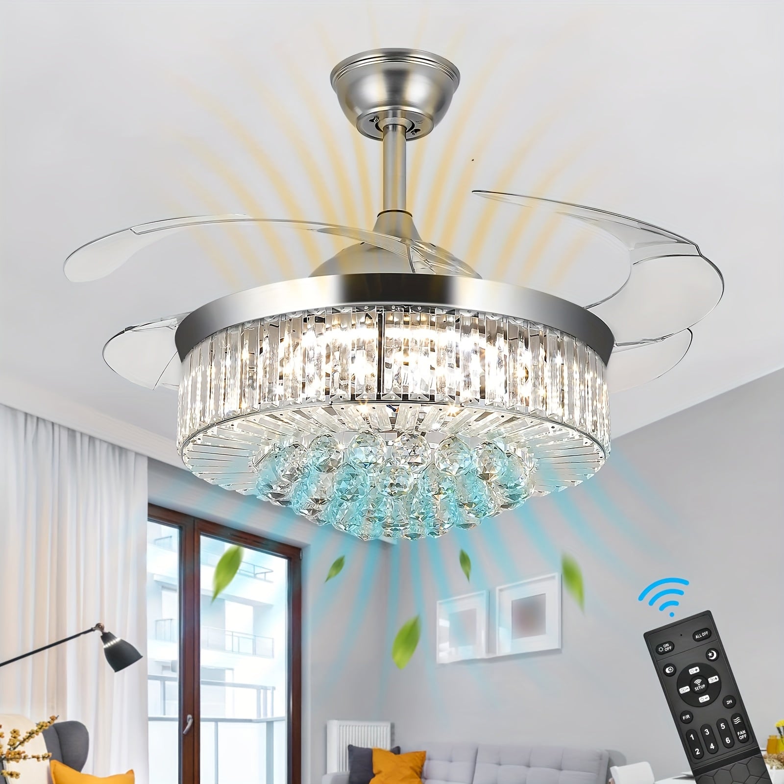 42 Inch Reversible Crystal Ceiling Fan with Light, Stepless Dimmable Modern Retractable Invisible Blades, 6 Speed Levels, Ceiling Fan Set for Living Room Bedroom (Gold)