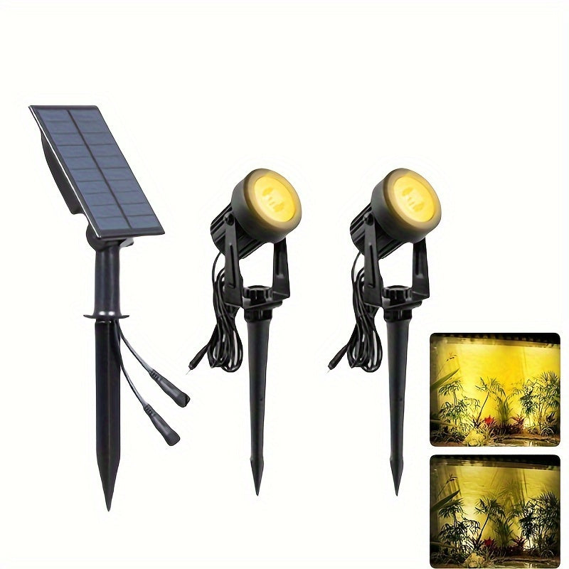 Outdoor solar spotlights, available in 2/4-pack, offering warm white and cool white options, suitable for landscaping, Christmas decoration, and illuminating yards, trees, gardens, ponds, and pool areas