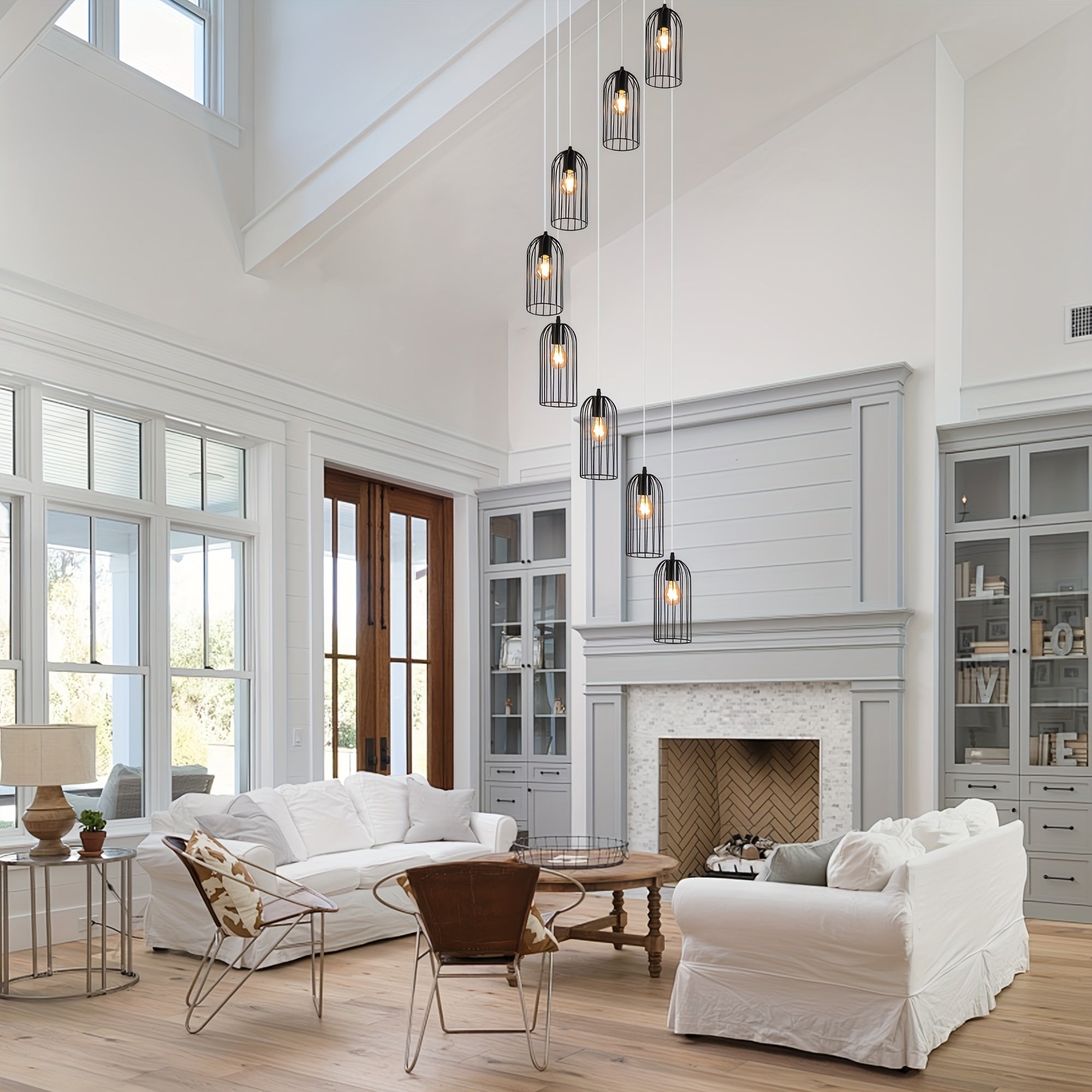 Ganeed modern staircase large chandelier, 114.2”/290cm tall unique cage chandelier long staircase ceiling pendant light, 8-light long spiral chandelier fixture, suitable for villa living room hall | LED light and home decoration