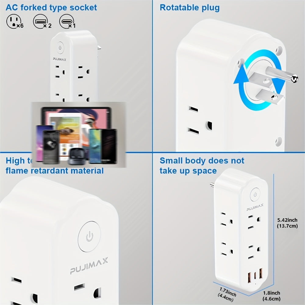 2/1 PUJIMAX American Multifunctional Wall Socket, Including 2 USB Ports, 1 Type-C Port, 6 AC Plug Ports, Surge Protection, Safety Intelligence, Plug Support 360 ° Rotation, Travel Plug Adapter, Electrical Sockets, Suitable For Home, Office, School, Dormit