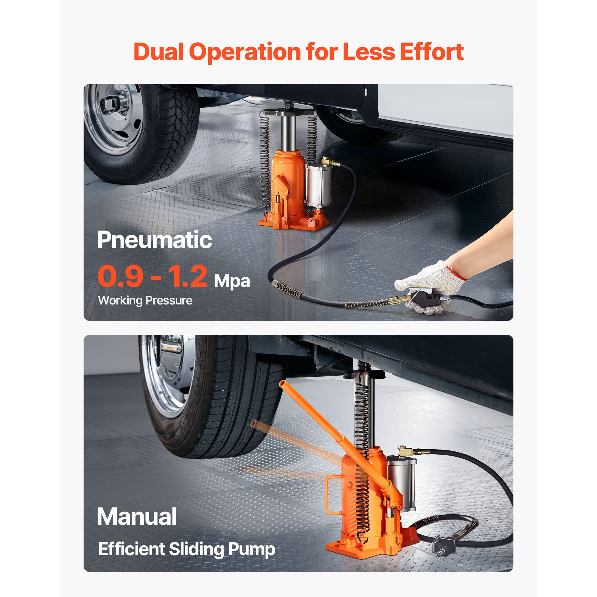 VEVOR Air Hydraulic Jack, 20 Ton (44,092 lbs) Capacity, 10.2-19.5 Inch Lifting Range, Pneumatic/Manual Heavy Duty Welded Jack with Pump, for Car, SUV, Pickup, Truck, RV Repair, Orange