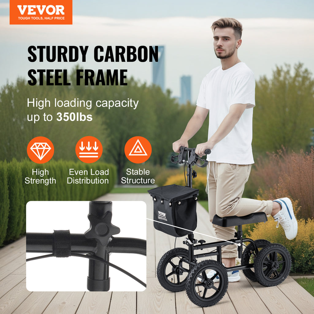 VEVOR 12 英寸全地形轮胎可折叠膝盖滑板车 - 可调节高度手柄和膝盖垫，350 磅承重，双制动器，适用于受伤脚踝、脚踝和膝盖的膝盖恢复滑板车