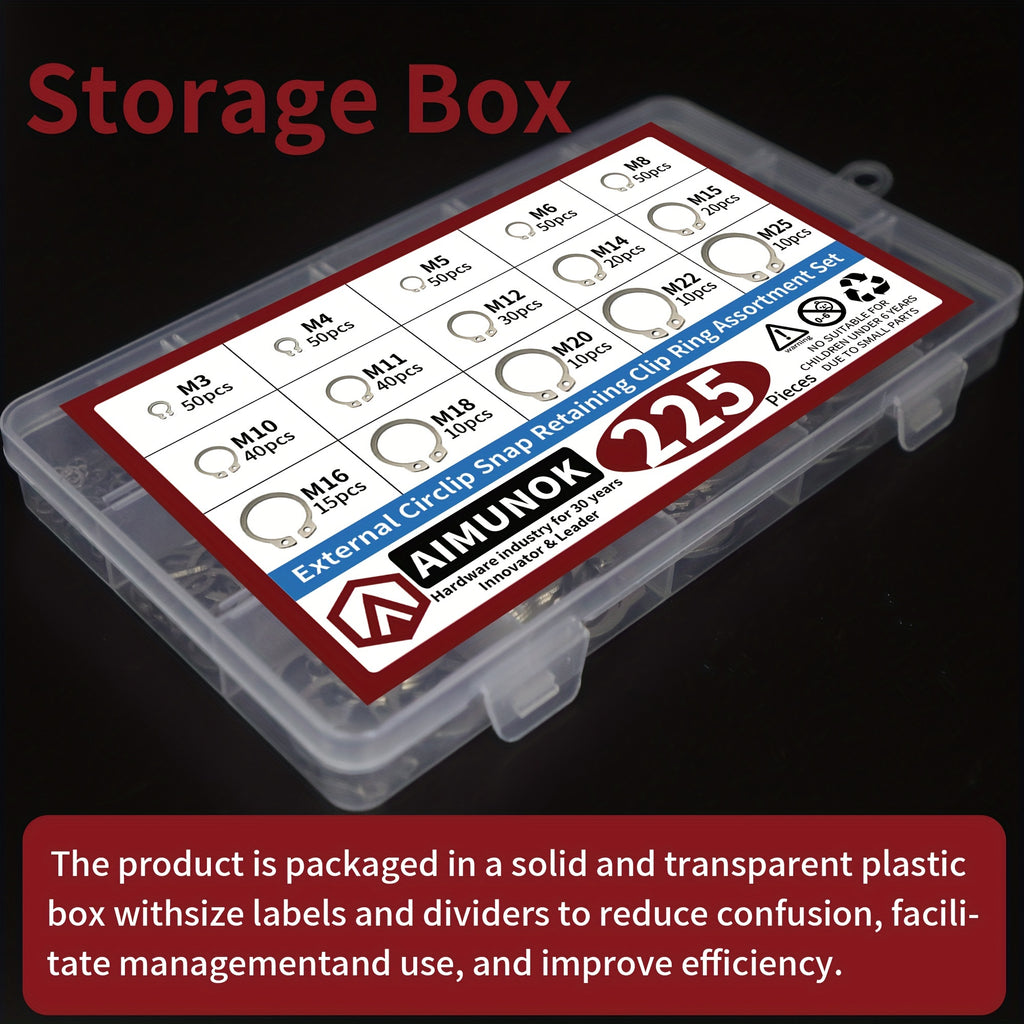 225-Piece External Retaining Ring Assortment, Includes 15 Sizes, Made of 304 Stainless Steel, Fits Shafts from M3 to M25.