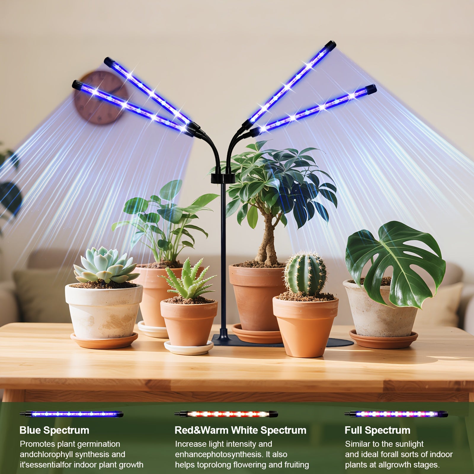 4-Head Plant Grow Light with Base, White & Warm White Spectrum for Indoor Plants, 10 Brightness Levels, 3/9/12H Timer, 3 Switch Modes, Adjustable Gooseneck, Ideal for All Kinds of Indoor Plant Growth
