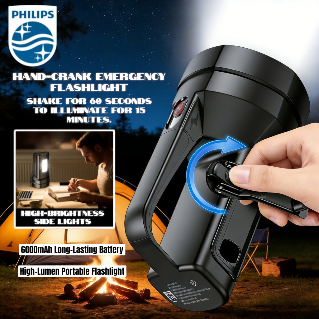Philips High Lumen Flashlight, Hand Crank Emergency Function, 5 Adjustable Lighting Modes, High Capacity Battery for Long-Lasting Runtime, COB Side Light, Ideal for Fishing, Emergencies, Outdoor Activities, Camping & Home Use