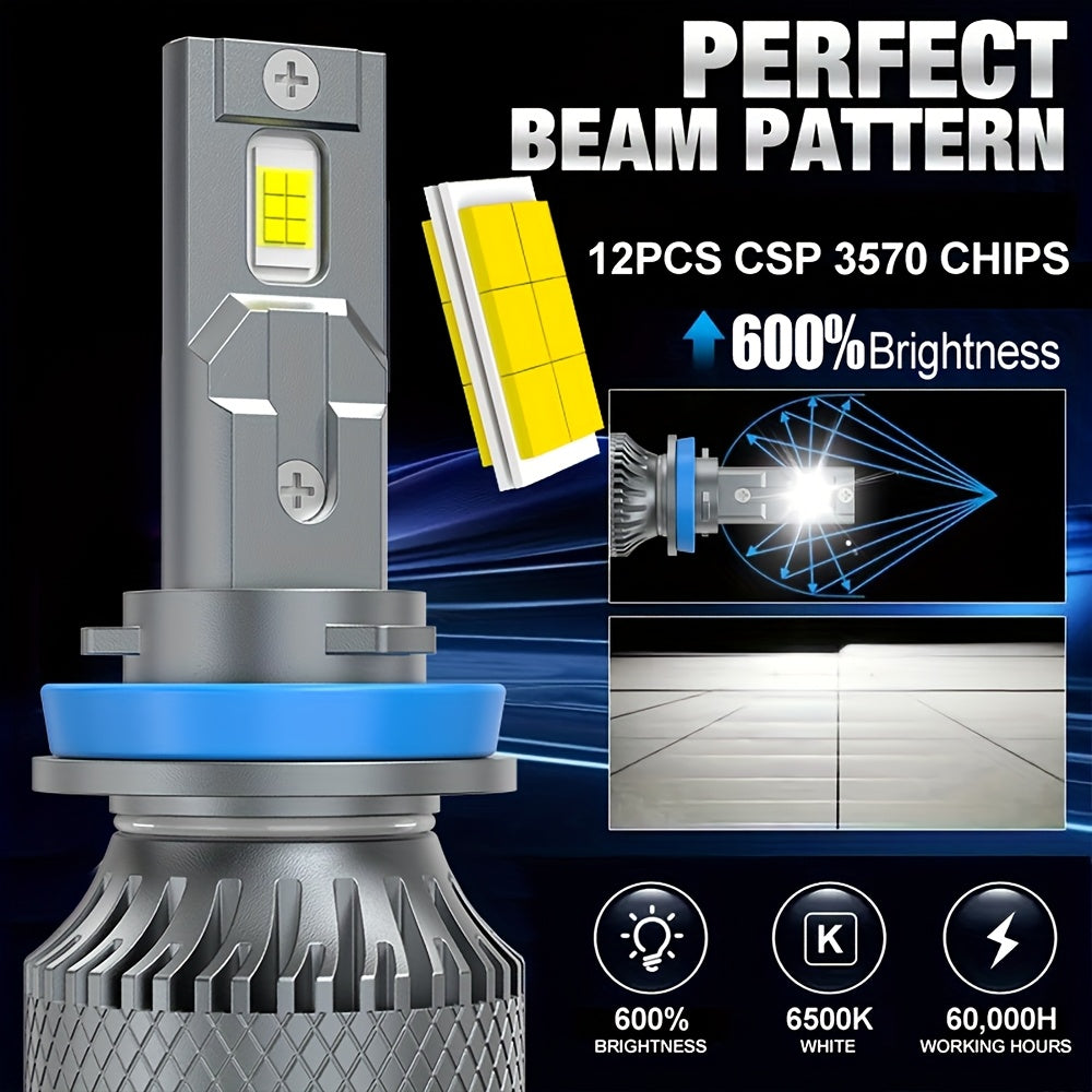 2Pcs 12V LED Car Headlights 9005/HB3 9006/HB4 9012/HIR2 H8 H9 H11 H4 H7 H1-QG072 6500K White Light Bright 3570 CSP Chip New Upgraded Design LED Plug-in Bulbs, Super Cooling System