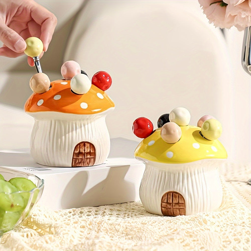 1 Set of 7 Pieces – 6 Forks & 1 Base, Ceramic Mushroom-Shaped Dessert Fruit Cake Fork Set, with 304 Stainless Steel Forks – Suitable for Fruit & Dessert, Party & Gathering Home Décor, Christmas Gift Party Decoration