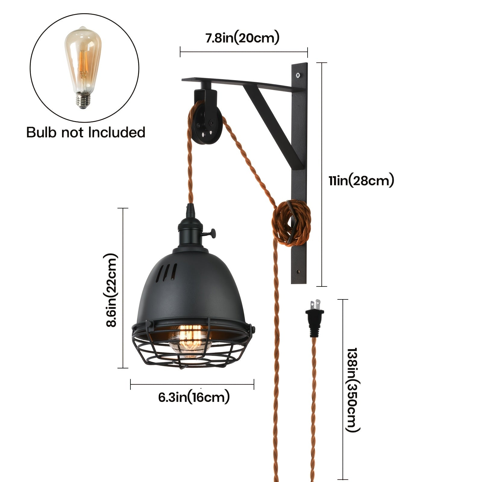 1/2-Piece Farmhouse Style Plug-In Pulley Pendant Light, with Brown Cord and Switch Wall Light