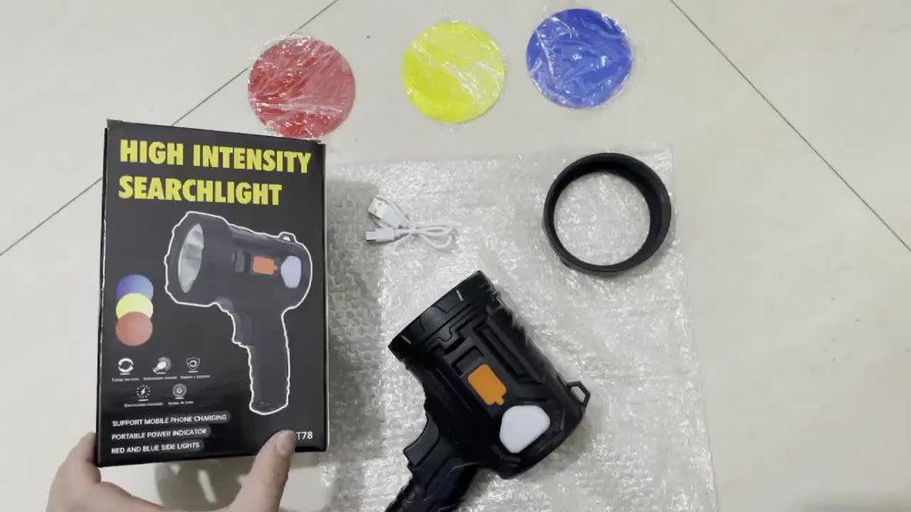 1Pc Rechargeable Spotlight Flashlight with Interchangeable Lenses, High Bright Searchlight, 6 Lighting Modes & 3 Color Filters, Handheld LED Torch with USB Cable, Perfect for Hunting, Home Lighting, Emergency Use