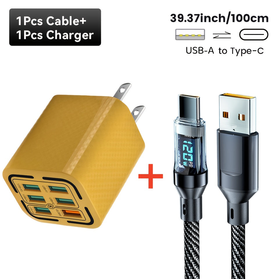 6 Ports USB Charger QC Fast Charging US Plug with 39.37inch USB to Type-C Cable, Fast Charger Power Adapter for iPhone 17, for Xiaomi, for Samsung Wall Charger- Ideal for Home And Travel, Multidevice Charging, Home Charging Station, Compact Design